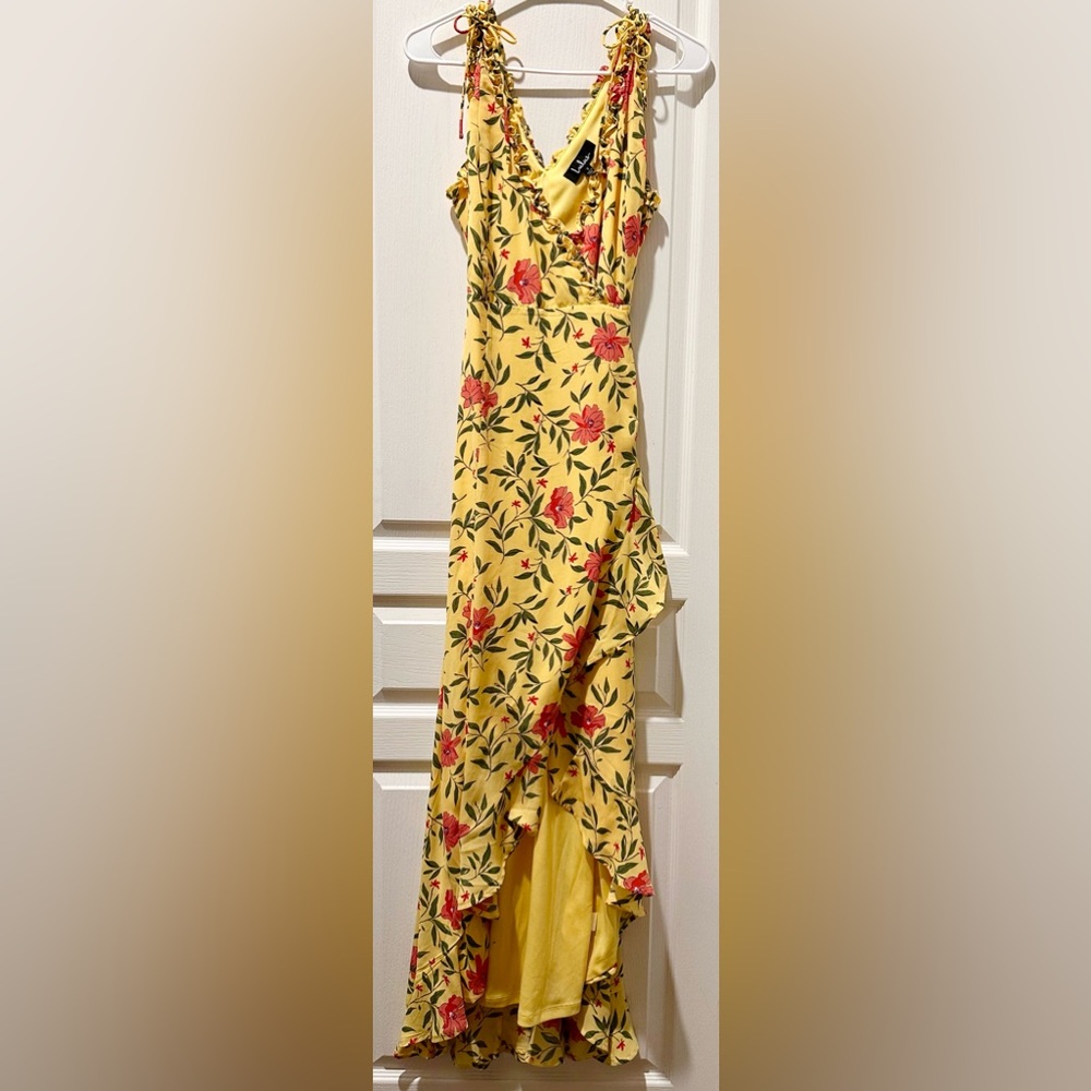 Lulu’s Blossoming Heart Yellow Floral Print Ruffled High-Low Wrap Dress - Picture 3 of 10